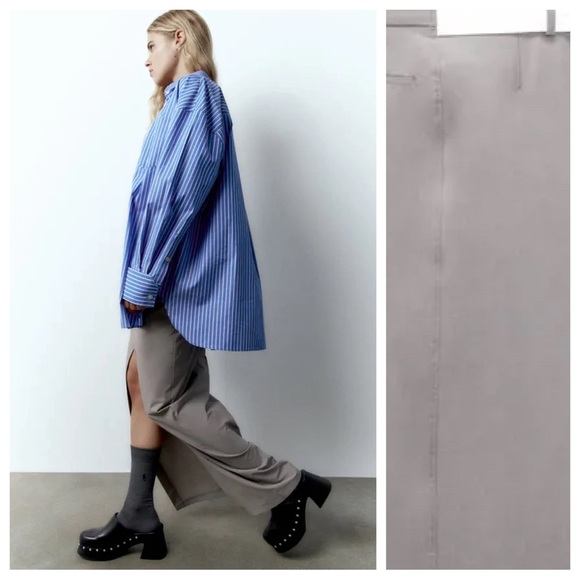 NWT. Zara Gray Viscose Blend Double Mid Rise Midi Skirt. Size S. - Picture 4 of 11